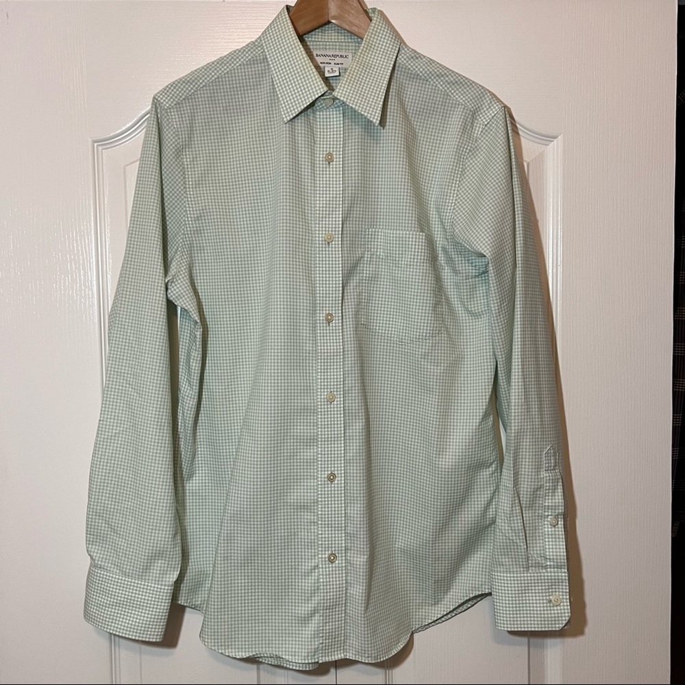 Banana Republic Checkered Green Slim Fit Long Sleeve Shirt, Size M